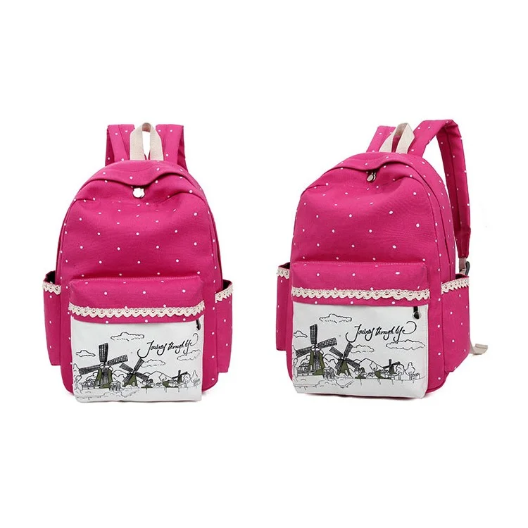 Polka Dots Printing Three-piece Suit School Bags Backpack - Rose