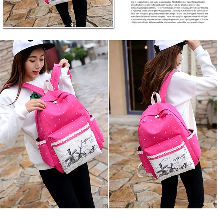 Polka Dots Printing Three-piece Suit School Bags Backpack - Rose