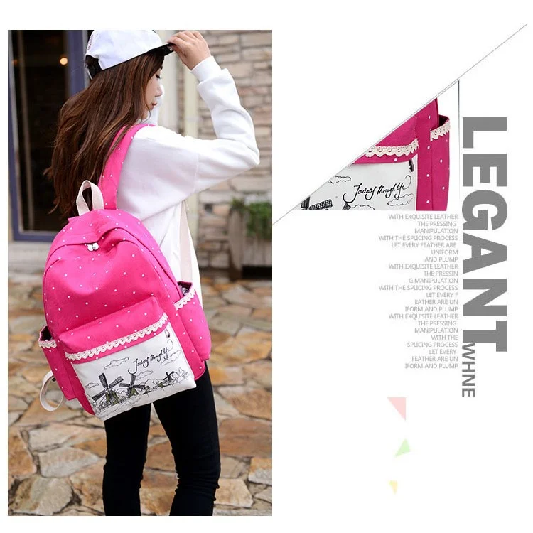 Polka Dots Printing Three-piece Suit School Bags Backpack - Rose