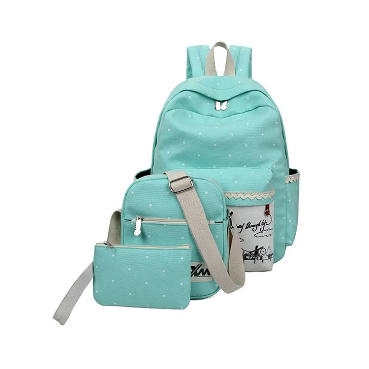 Polka Dots Three-piece Suit Canvas Shoulder Bag + Cross-body Bag + Handbag - Cyan