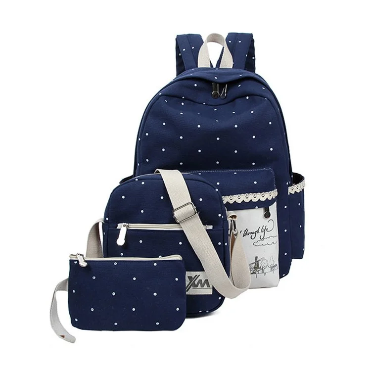 Polka Dots Printing Three-piece Suit Backpack School Bags - Dark Blue