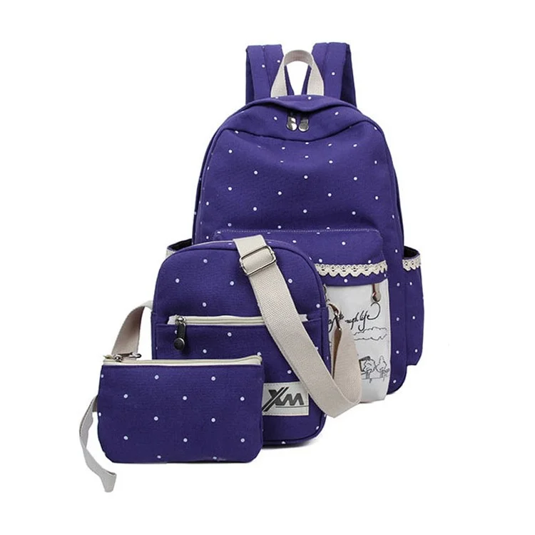 Polka Dots 3 In 1 Casual School Backpack + Cross-body Bag + Handbag - Purple