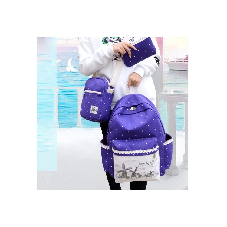Polka Dots 3 In 1 Casual School Backpack + Cross-body Bag + Handbag - Purple