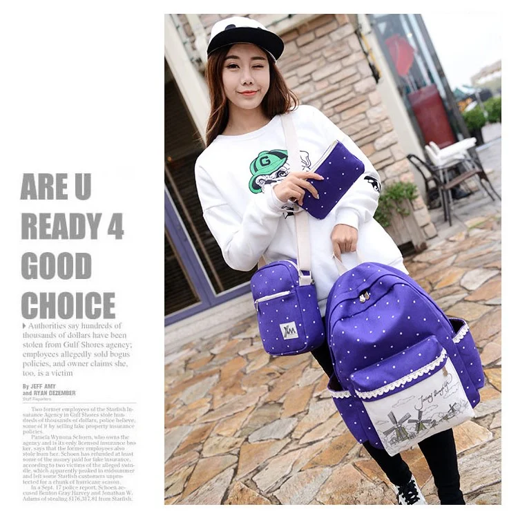 Polka Dots 3 In 1 Casual School Backpack + Cross-body Bag + Handbag - Purple