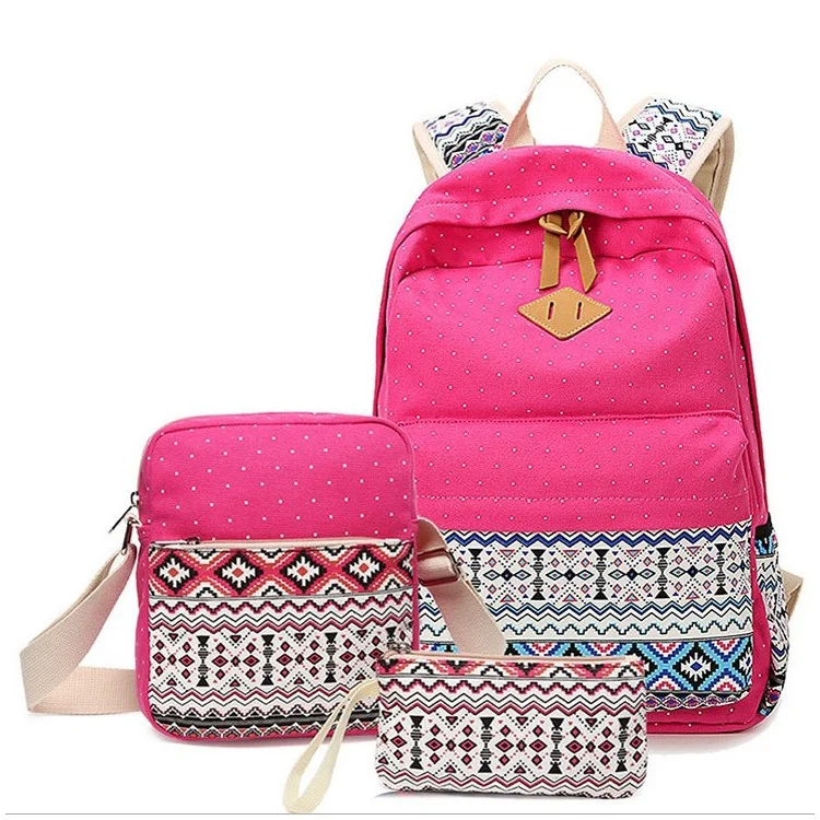 3 in 1 Tribal & Polka Dots Canvas Backpack School Bag + Messenger Bag + Handbag - Rose