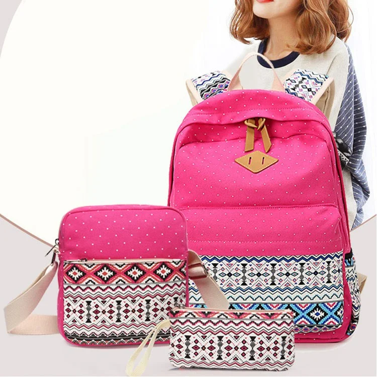 3 in 1 Tribal & Polka Dots Canvas Backpack School Bag + Messenger Bag + Handbag - Rose