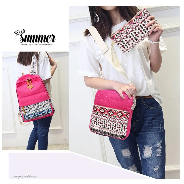 3 in 1 Tribal & Polka Dots Canvas Backpack School Bag + Messenger Bag + Handbag - Rose
