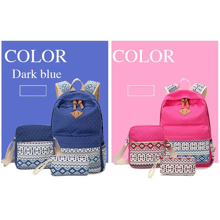 3 in 1 Tribal & Polka Dots Canvas Backpack School Bag + Messenger Bag + Handbag - Rose