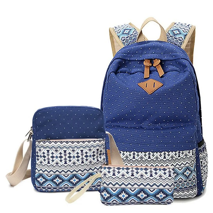 3 in 1 Tribal & Polka Dots Canvas Knapsack Laptop Bag + Messenger Bag + Handbag - Deep Blue