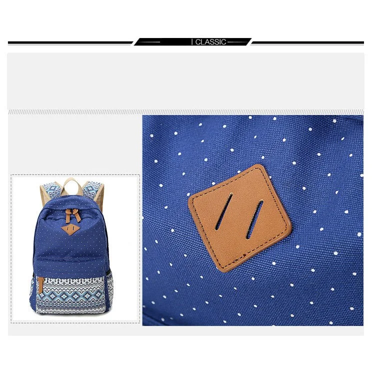 3 in 1 Tribal & Polka Dots Canvas Knapsack Laptop Bag + Messenger Bag + Handbag - Deep Blue