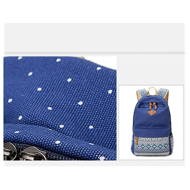 3 in 1 Tribal & Polka Dots Canvas Knapsack Laptop Bag + Messenger Bag + Handbag - Deep Blue