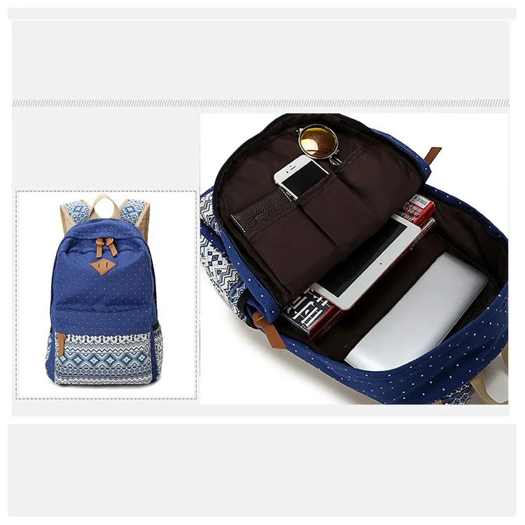 3 in 1 Tribal & Polka Dots Canvas Knapsack Laptop Bag + Messenger Bag + Handbag - Deep Blue
