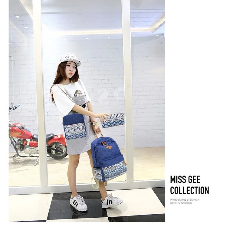 3 in 1 Tribal & Polka Dots Canvas Knapsack Laptop Bag + Messenger Bag + Handbag - Deep Blue