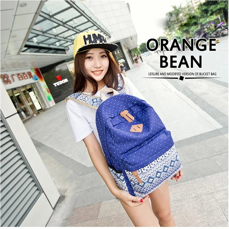 3 in 1 Tribal & Polka Dots Canvas Knapsack Laptop Bag + Messenger Bag + Handbag - Deep Blue
