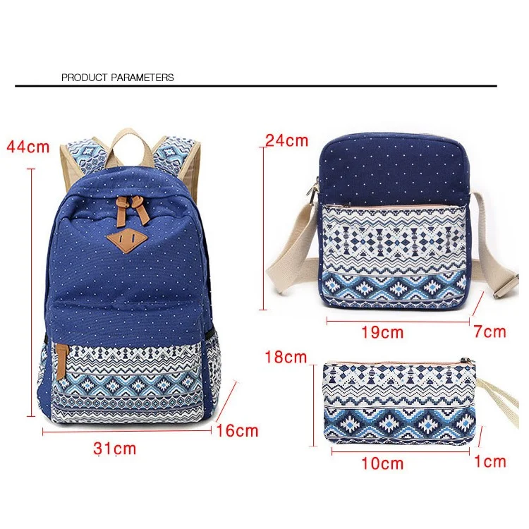 3 in 1 Tribal & Polka Dots Canvas Knapsack Laptop Bag + Messenger Bag + Handbag - Deep Blue