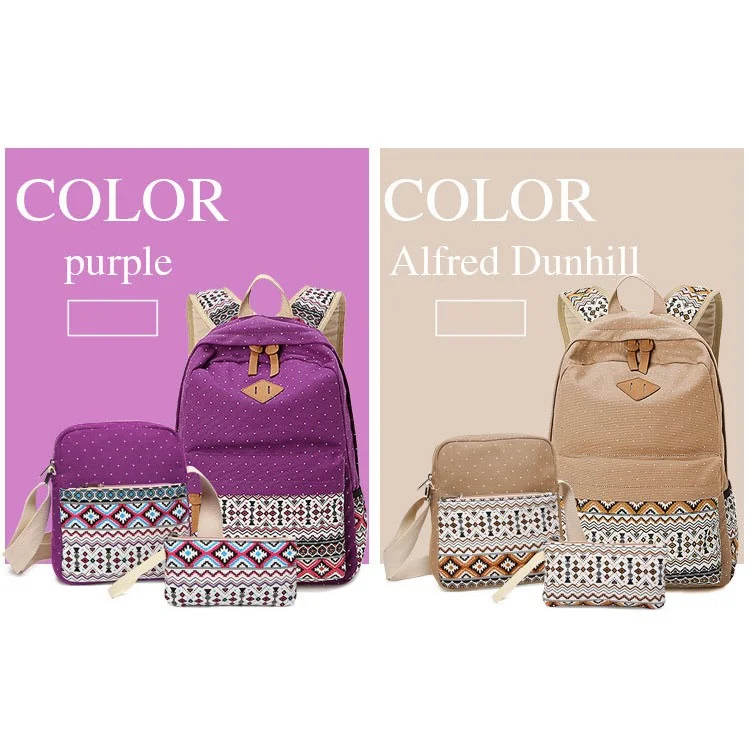 3 in 1 Tribal & Polka Dots Canvas Knapsack Laptop Bag + Messenger Bag + Handbag - Purple