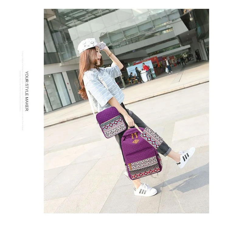 3 in 1 Tribal & Polka Dots Canvas Knapsack Laptop Bag + Messenger Bag + Handbag - Purple
