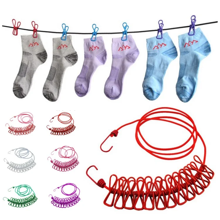 Outdoor Portable Retractable Windproof Clothes Line Rope with 12 Clips - Rose