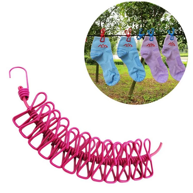 Outdoor Portable Retractable Windproof Clothes Line Rope with 12 Clips - Rose