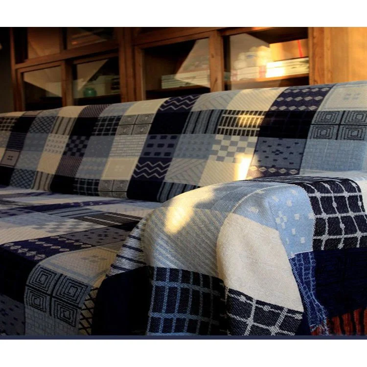 Chenille Sofa Towel Slipcover Chair Blanket 150 x 190cm - Blue Geometric Patterns
