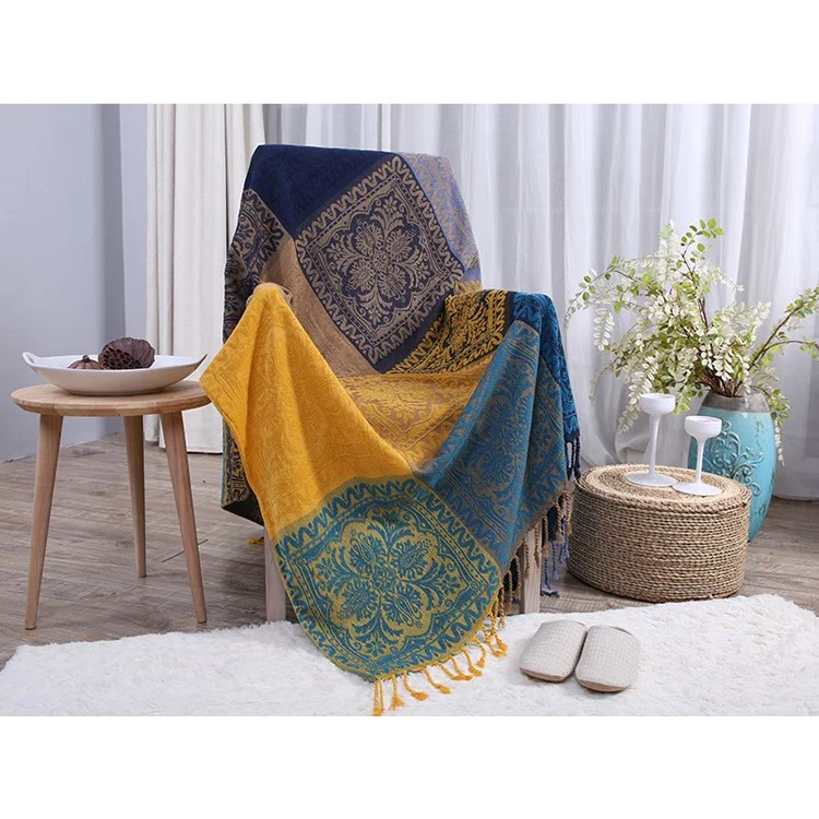 Chenille Sofa Cover Towel Yarn Dyed Chair Blanket 150 x 190cm - Tribal Flower Pattern