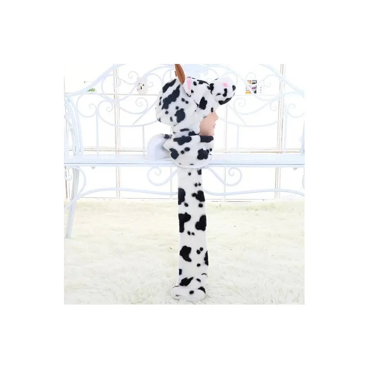 Soft Fluff Animal Shaped Hat Costume Hood with Long Scarf - Dairy Cow