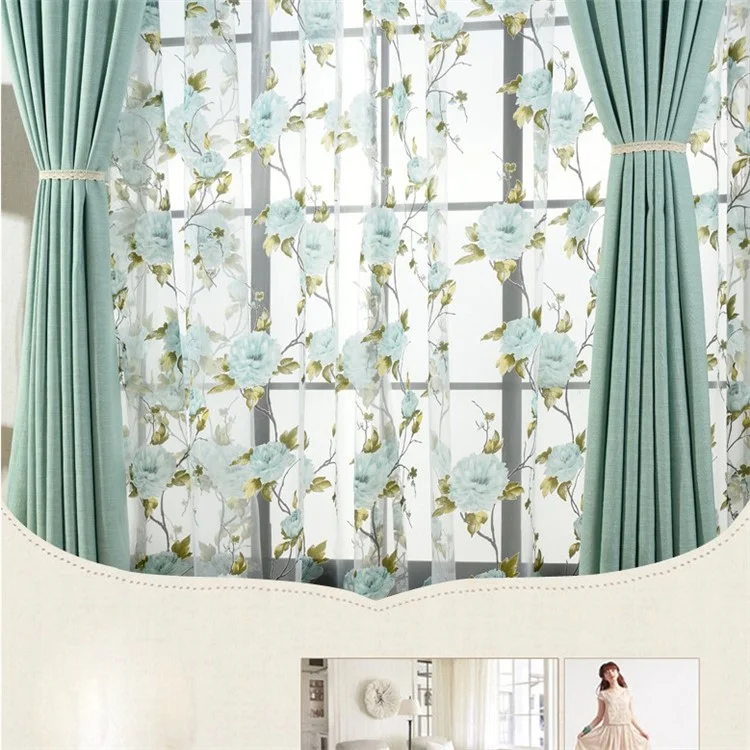 Embroidered Floral Voile Door Window Screening Curtain - Punching / Blue