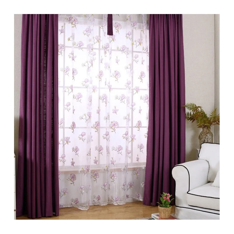 Embroidered Flower Voile Door Window Gauze Curtain - Punching / Light Purple