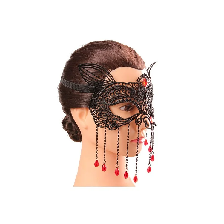 Charming Masquerade Party Women Eye Mask Blindfold with Rhinestone Ribbon Tassels - Elastic Band Style