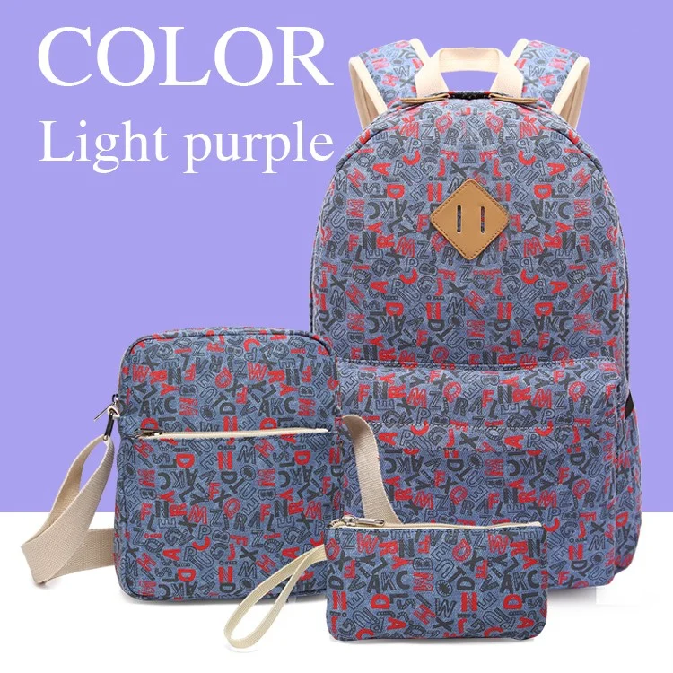 3 in 1 Letter Canvas Backpack Rucksack Student Schoolbag + Shoulder Bag + Handbag - Light Purple