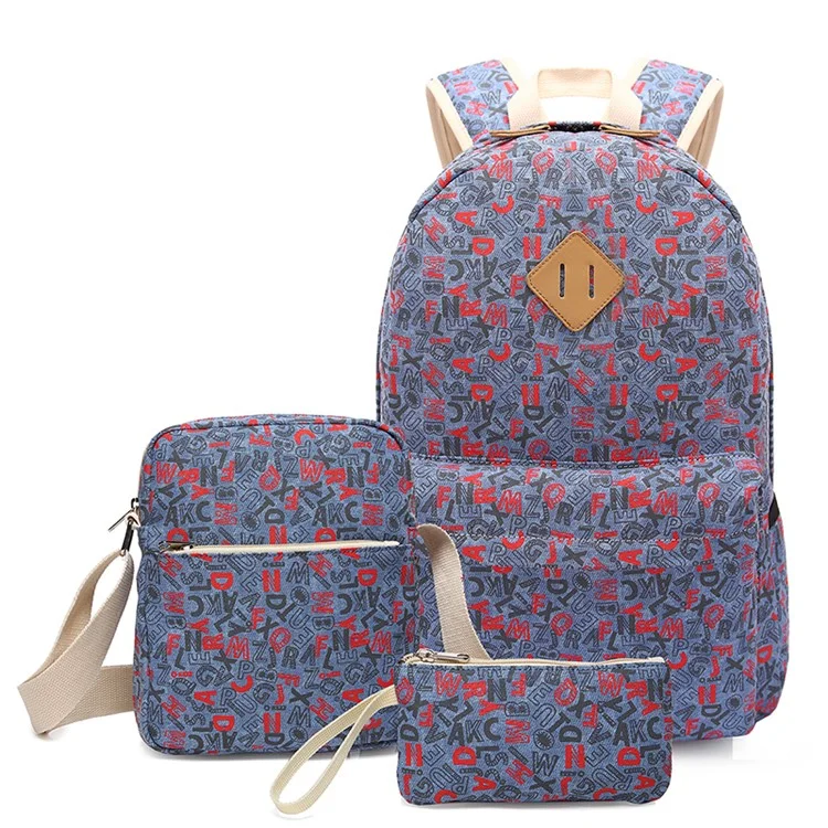 3 in 1 Letter Canvas Backpack Rucksack Student Schoolbag + Shoulder Bag + Handbag - Light Purple