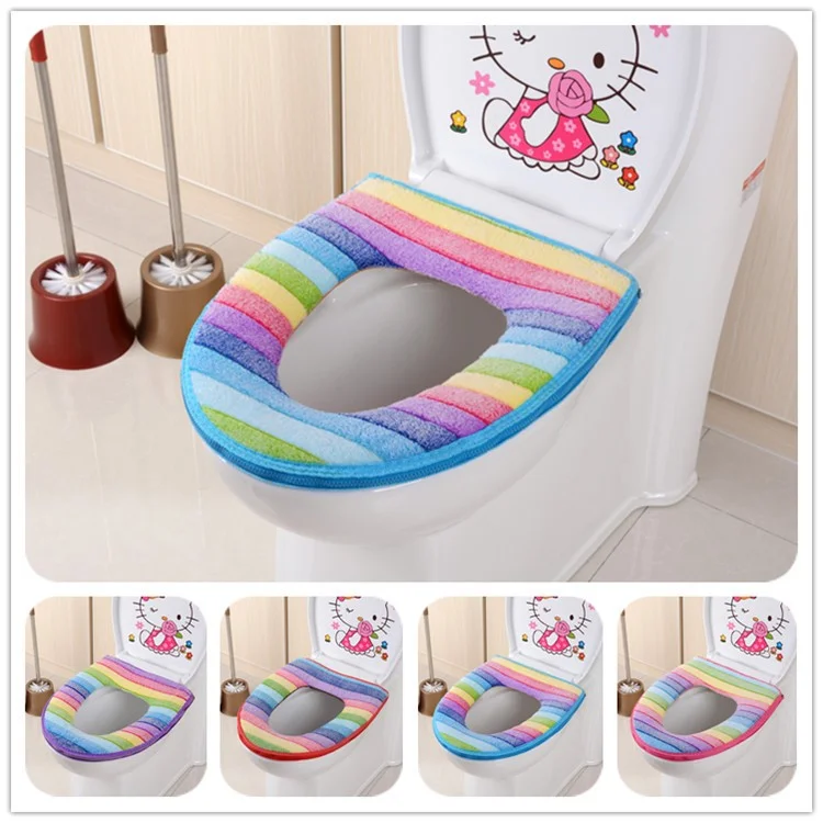 Rainbow Stripes Warm Velvet Zipper Comfy Toilet Seat Cover Pad - Purple