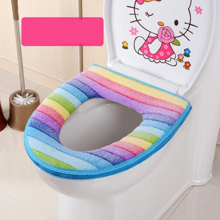 Rainbow Stripes Warm Velvet Zipper Comfy Toilet Seat Cover Pad - Purple