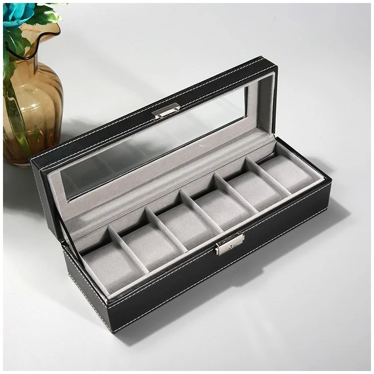 6 Compartments Watch Organizer Box PU Leather Glass Top Display Case