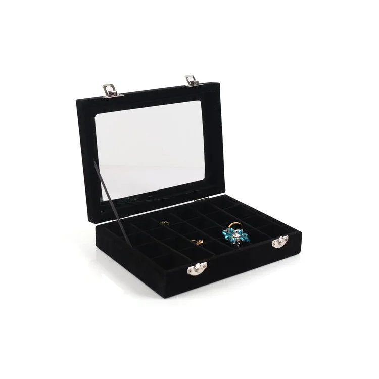24 Section Wooden Jewelry Box Storage Organizer Case with Large Glass Top - Black