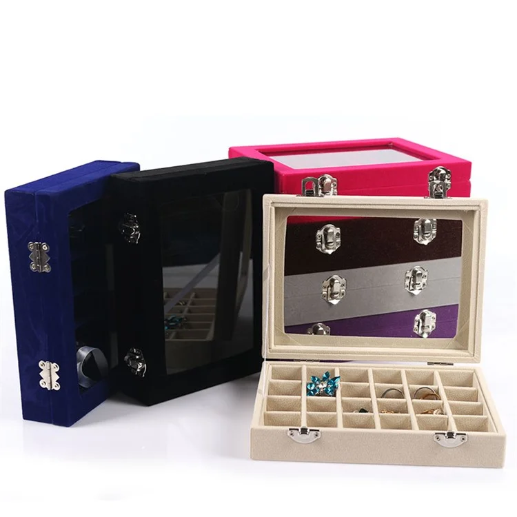 24 Section Wooden Jewelry Box Storage Organizer Case with Large Glass Top - Black