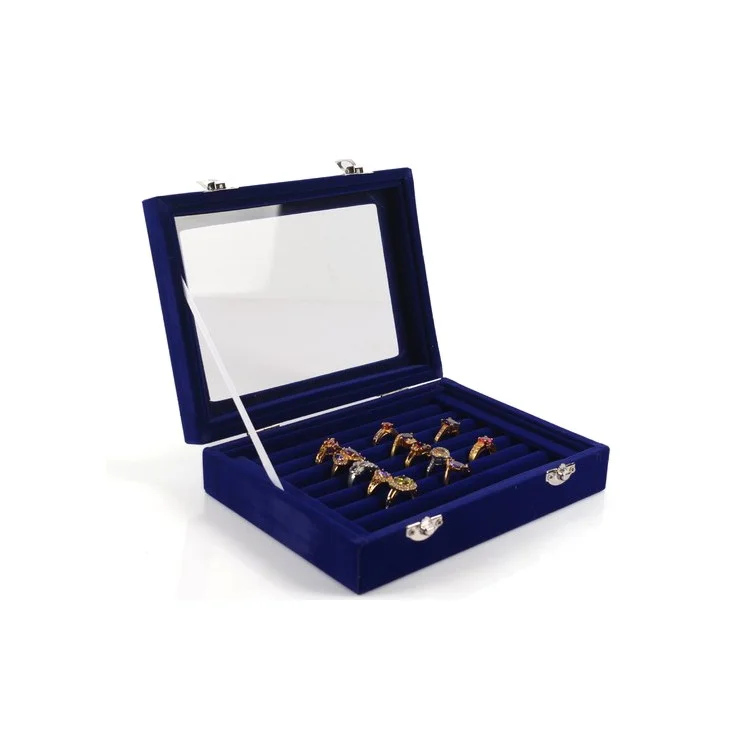 24 Section Wooden Jewelry Box Earring Storage Organizer Case with Large Glass Top - Dark Blue