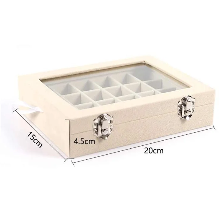 24 Section Wooden Jewelry Box Earring Storage Organizer Case with Large Glass Top - Dark Blue