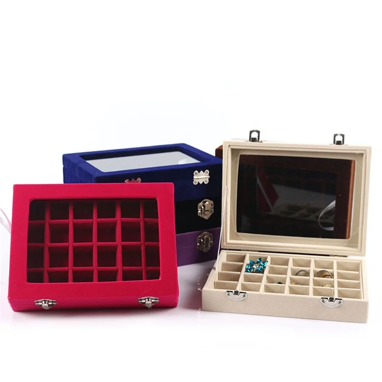 24 Section Wooden Jewelry Box Earring Storage Organizer Case with Large Glass Top - Dark Blue