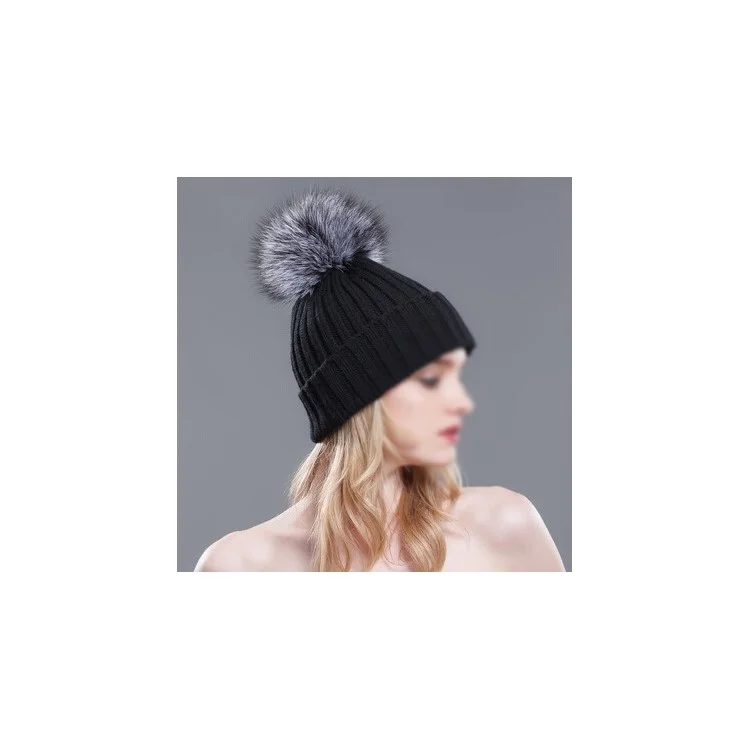 Warm Knitted Beanie Hat Female Soft Fox Fur Ball Cap Winter Windproof - Grey / Black