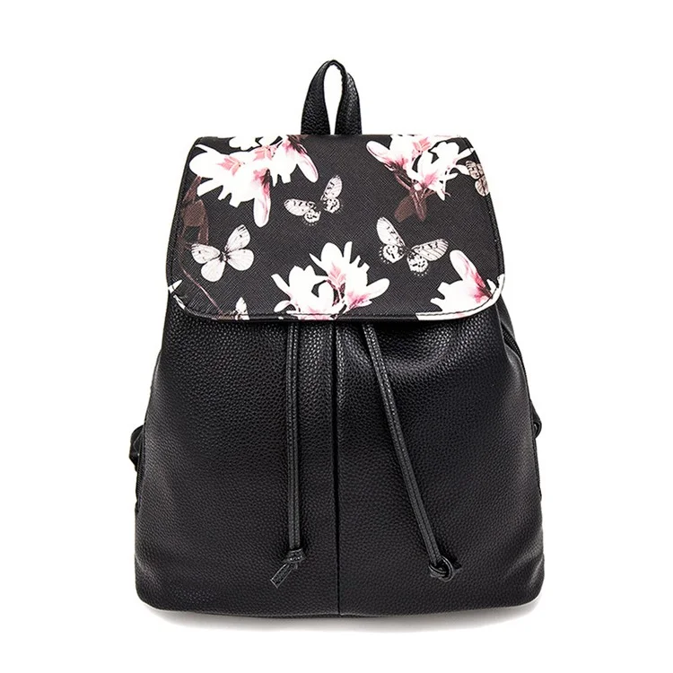 Fashion Girl Casual Backpack PU Leather Travel Waterproof Shoulder Bag - Black with Flowers