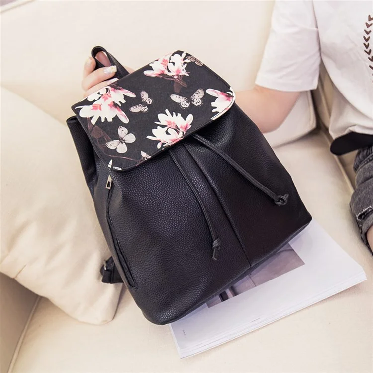 Fashion Girl Casual Backpack PU Leather Travel Waterproof Shoulder Bag - Black with Flowers