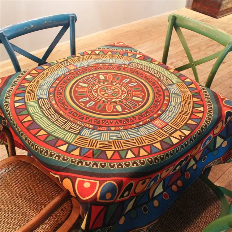 Cotton Linen 140 x 140cm Dining Living Room Table Cover - Indian Compass Pattern