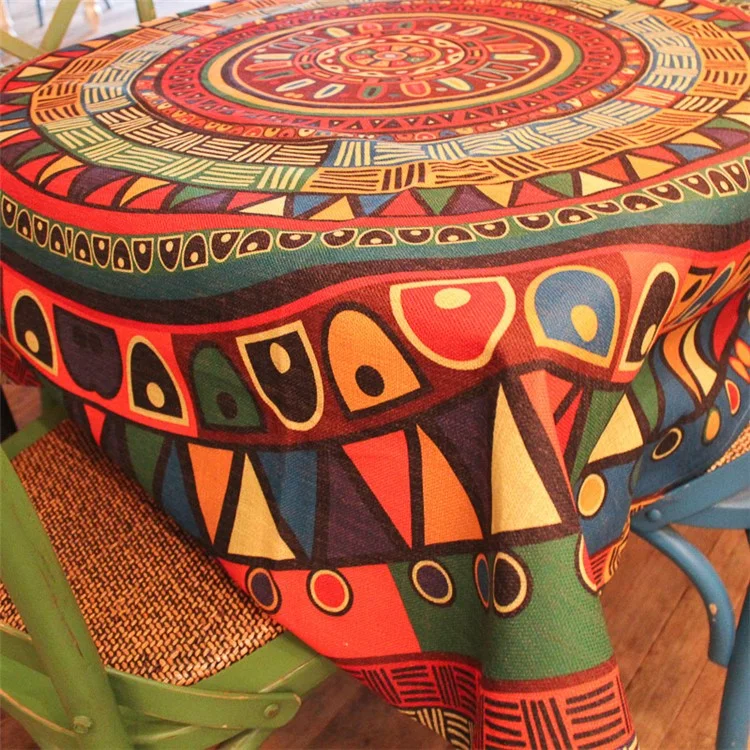 Cotton Linen 140 x 140cm Dining Living Room Table Cover - Indian Compass Pattern