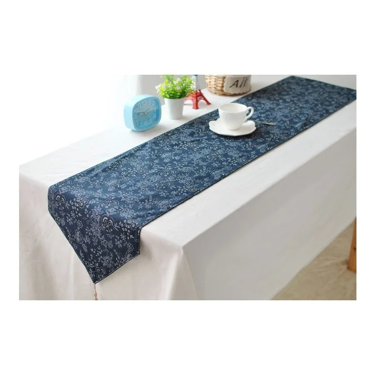 180 x 30cm Flora Pattern Blue Cotton Linen Table Runner Tablecloth Cover Top Deco