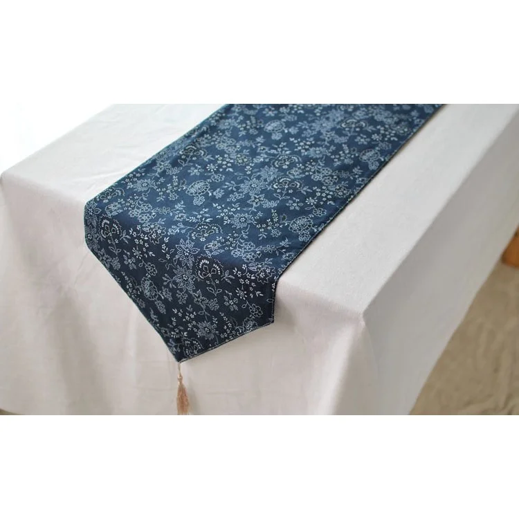 220 x 30cm Cotton Linen Table Runner Flora Pattern Blue Table Top Deco Cover