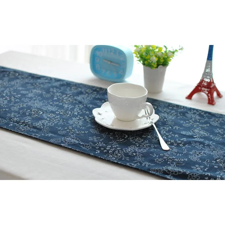 220 x 30cm Cotton Linen Table Runner Flora Pattern Blue Table Top Deco Cover