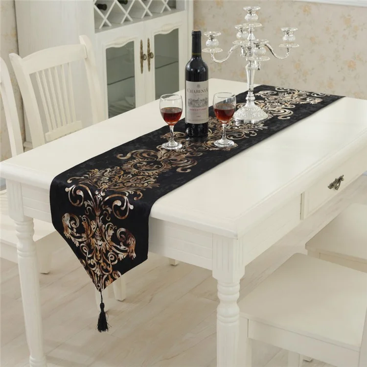 Lacquered Flora Cloth Table Runner Top Cover Decoration 180 x 32cm - Black