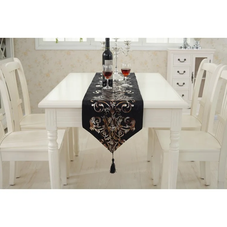 Lacquered Flora Cloth Table Runner Top Cover Decoration 180 x 32cm - Black