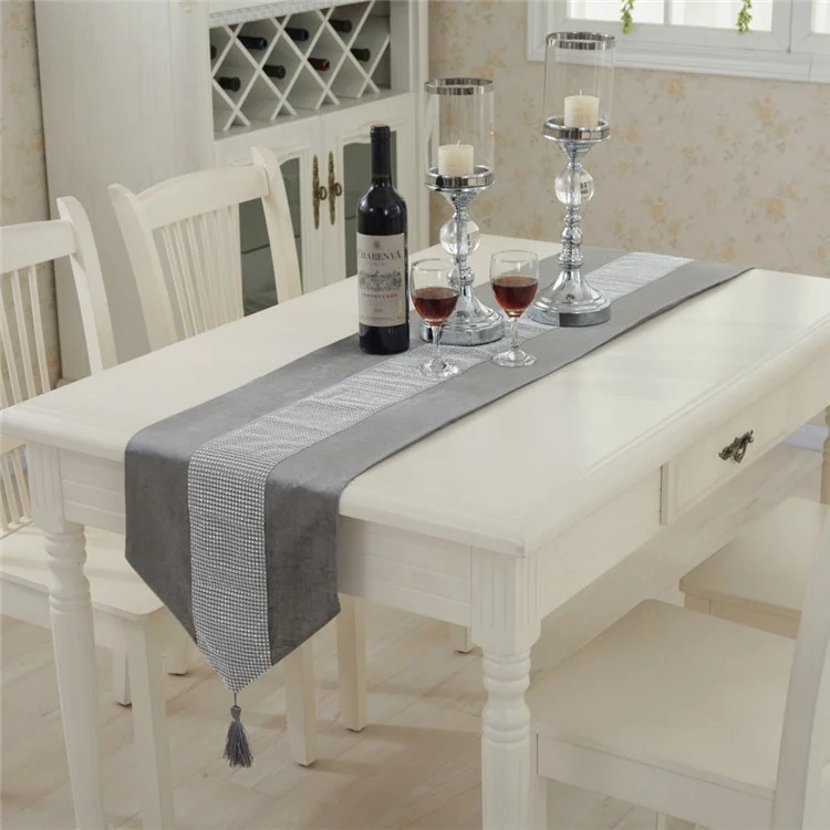 Elegant Rhinestone Dining Table Runner Tablecloth + 2PCS Placemats - Grey